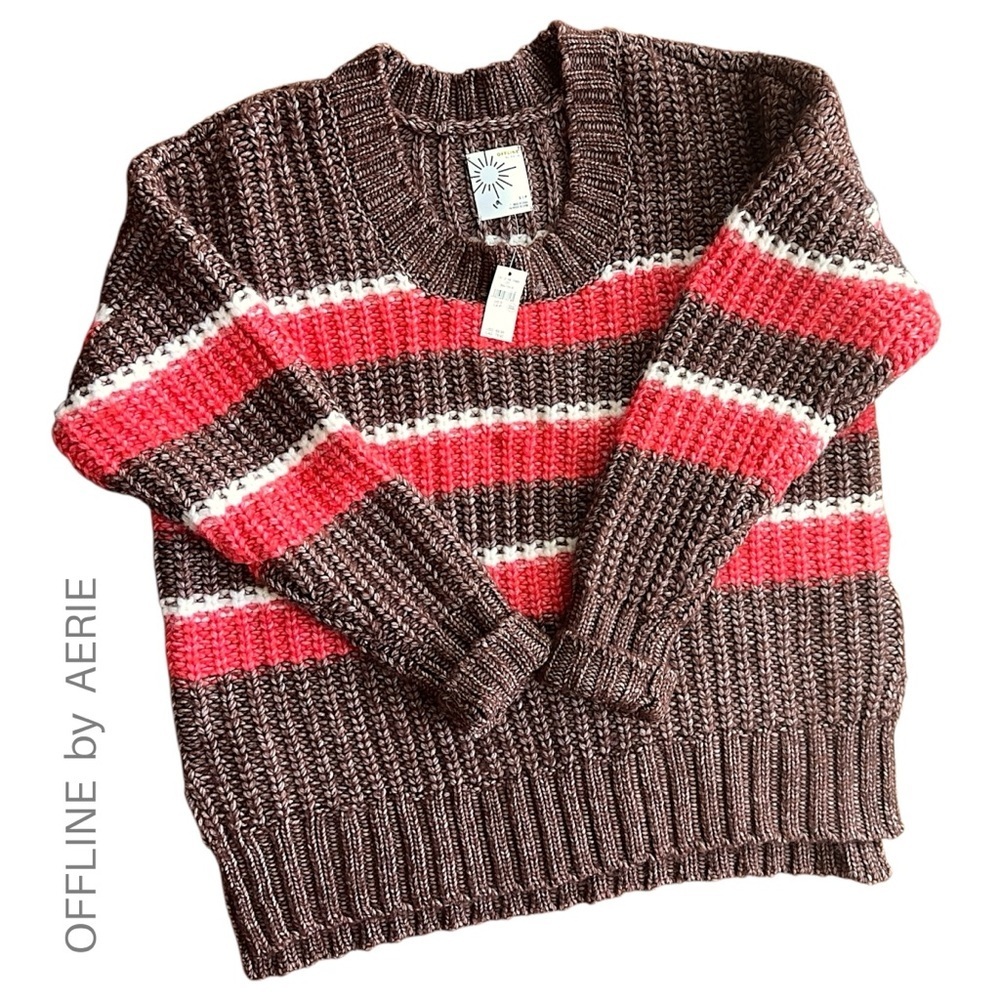 NWT | AERIE CHUNKY STRIPED RIBBED KNIT SWEATER THUMB HOLES BROWN ORANGE | SMALL